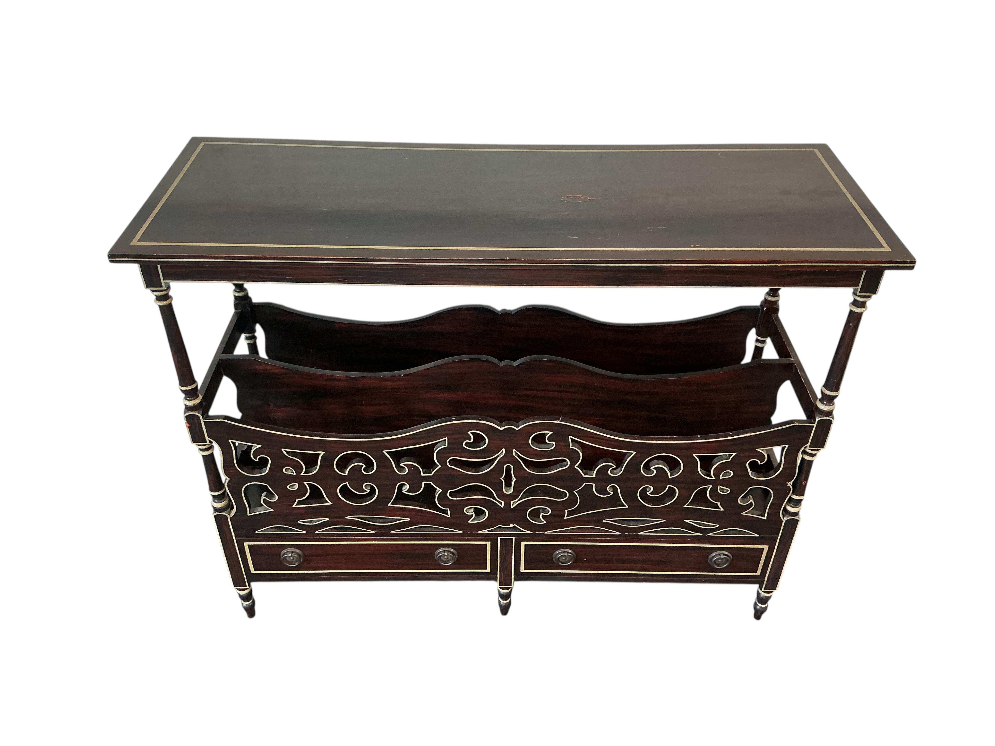 A Regency style simulated rosewood side table and another similar two tier etagere, width 62cm, depth 30cm, height 92cm
